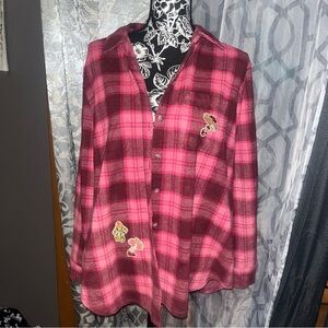 Terra & Sky Pink red Plaid cozy button down Shirt Mushroom Embroidery size ox